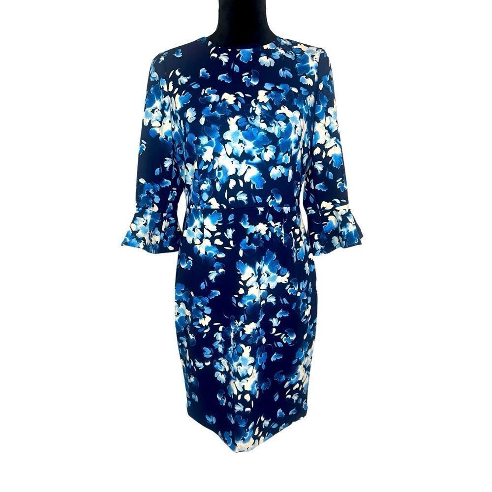 DONNA MORGAN STUNNING BLUE FLORAL DRESS WITH BELL SLEEVES KNEE LENGTH SIZE 6